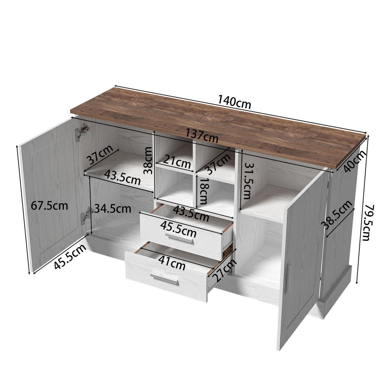 SIDEBOARD 140/40/79.5 cm Weiß/Braun aus Spanplatte mit Soft-Close-Scharnieren - Braun, Holzwerkstoff (40/79.5/140cm) - OKMYHOME