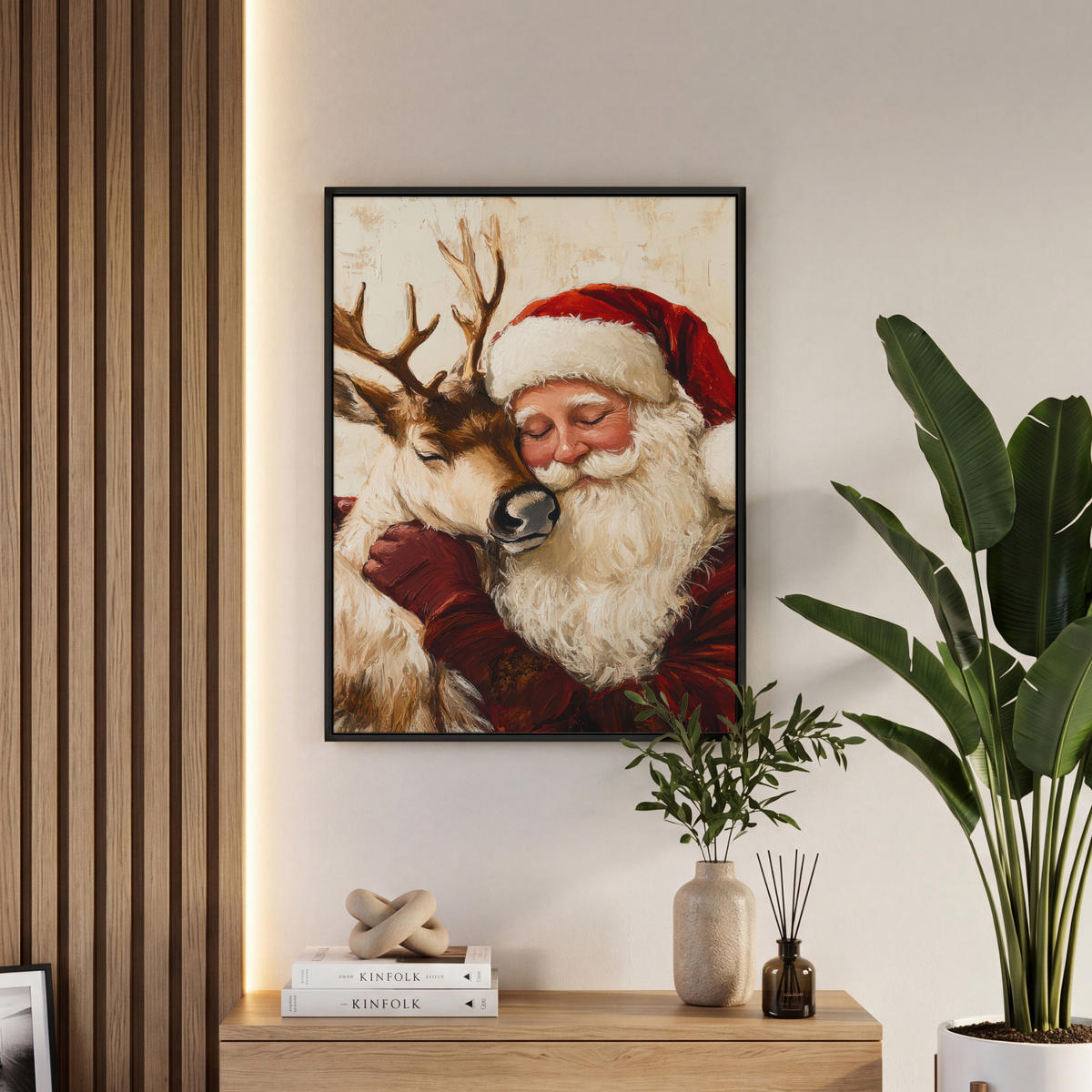 LEINWAND Bilder mit Rahmen - Weihnachtsmann - Rentier - Weihnachten - 60x80 - Rotbraun, Textil (60/80cm) - MuchoWow