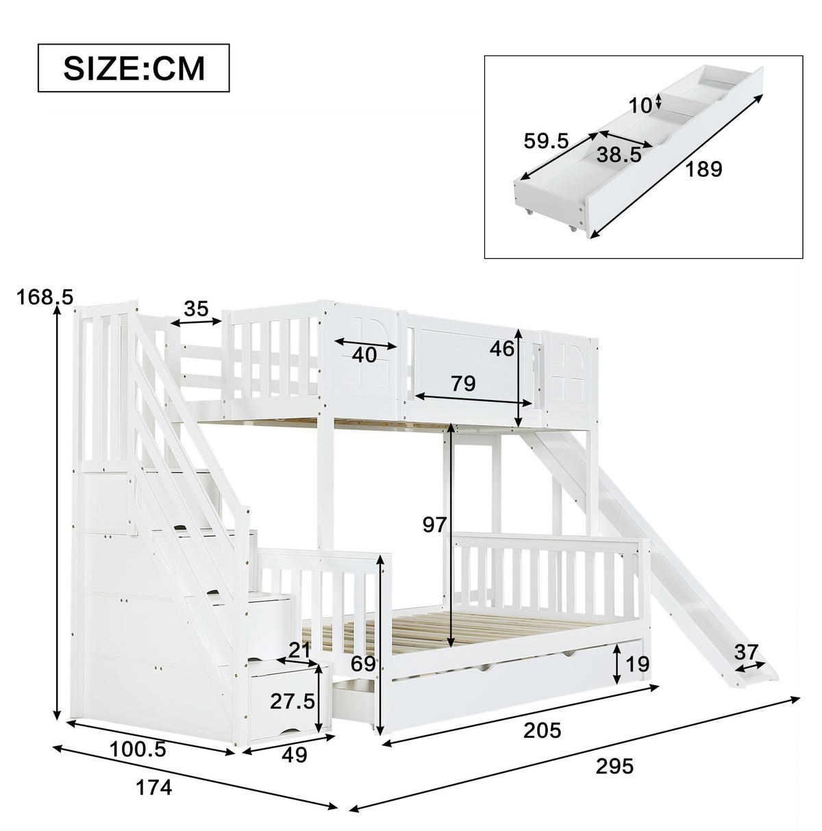 POSCHODOVÁ posteľ 295/174/168,5 cm biela s úložnými schodmi, šmykľavkou a oknami z borovice a MDF - biela, kompozitné drevo (90/200cm) - OKWISH