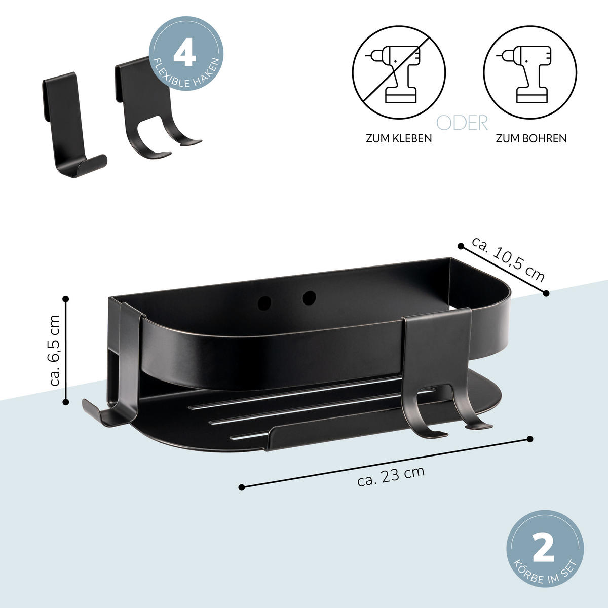DUSCHABLAGEN 2er Set, schwarz - Schwarz, Metall (23/6.5/10.5cm) - eluno