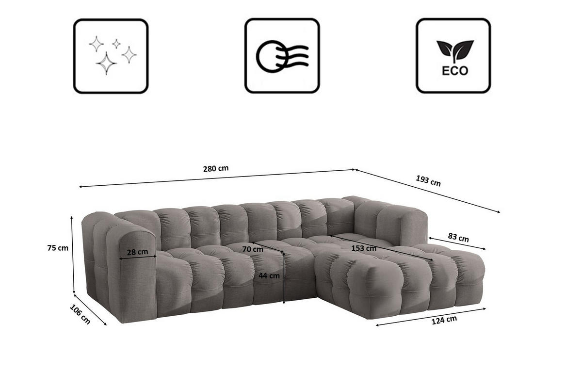 ECKSOFA L-form BALOO L, Chenille-Stoff Moly, Grau, Rechts - Grau, Holz (280/193cm) - Kaiser Möbel