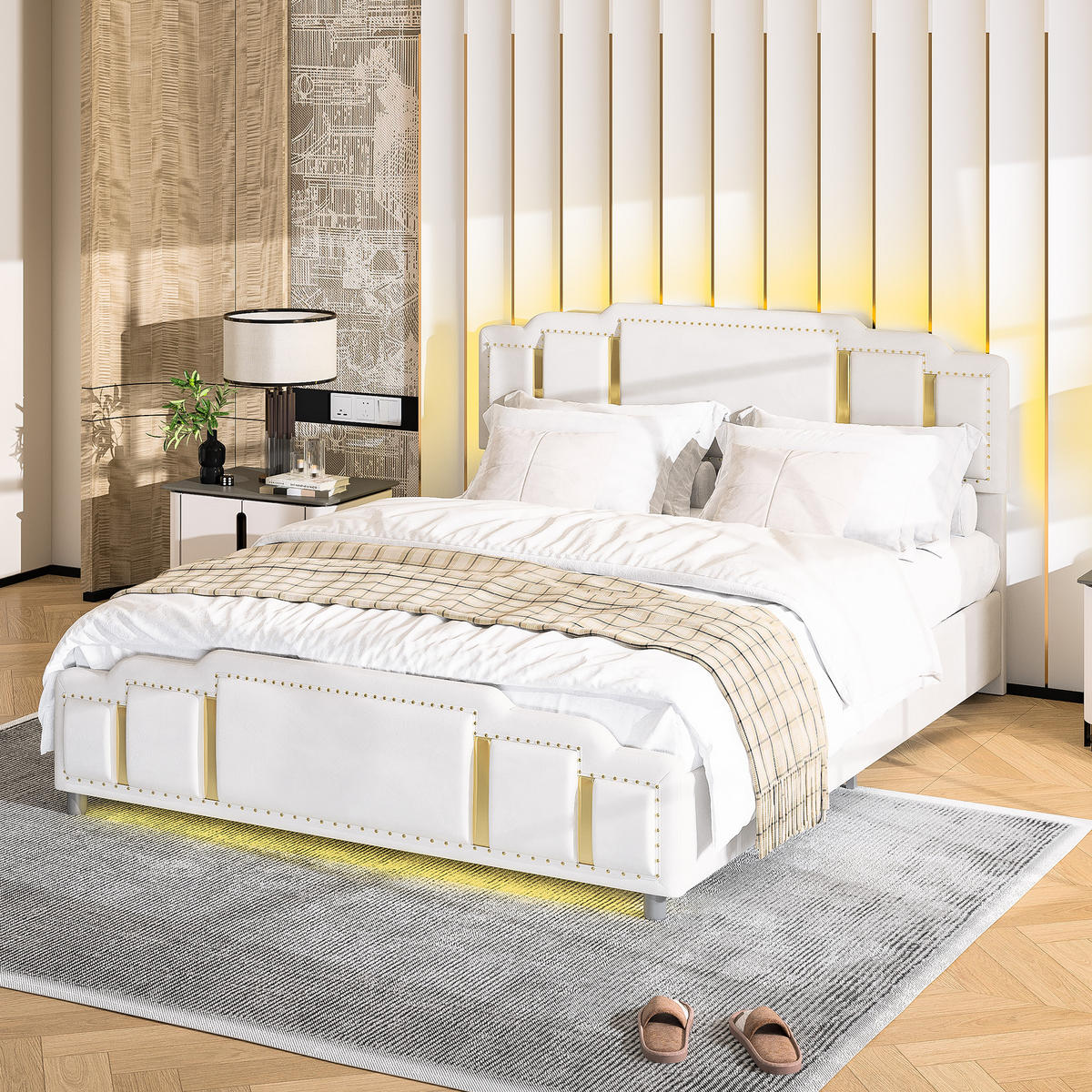 POLSTERBETT 140/200 cm Beige mit Hydraulisches Staufach und LED-Ambientebeleuchtung - Beige, Textil (140/200cm) - Oxeza