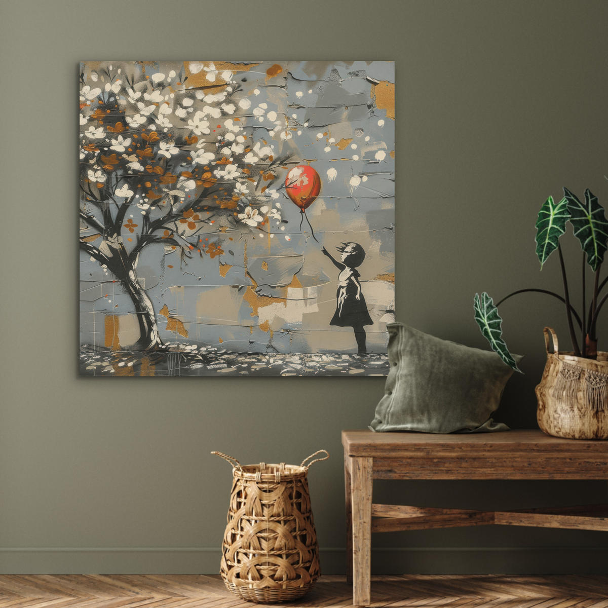 AKUSTIKPANEEL Baum - Graffiti - Banksy-Stil - Ballon-Mädchen 90x90 cm - Blaugrau, Textil (90/0.9/90cm) - MuchoWow