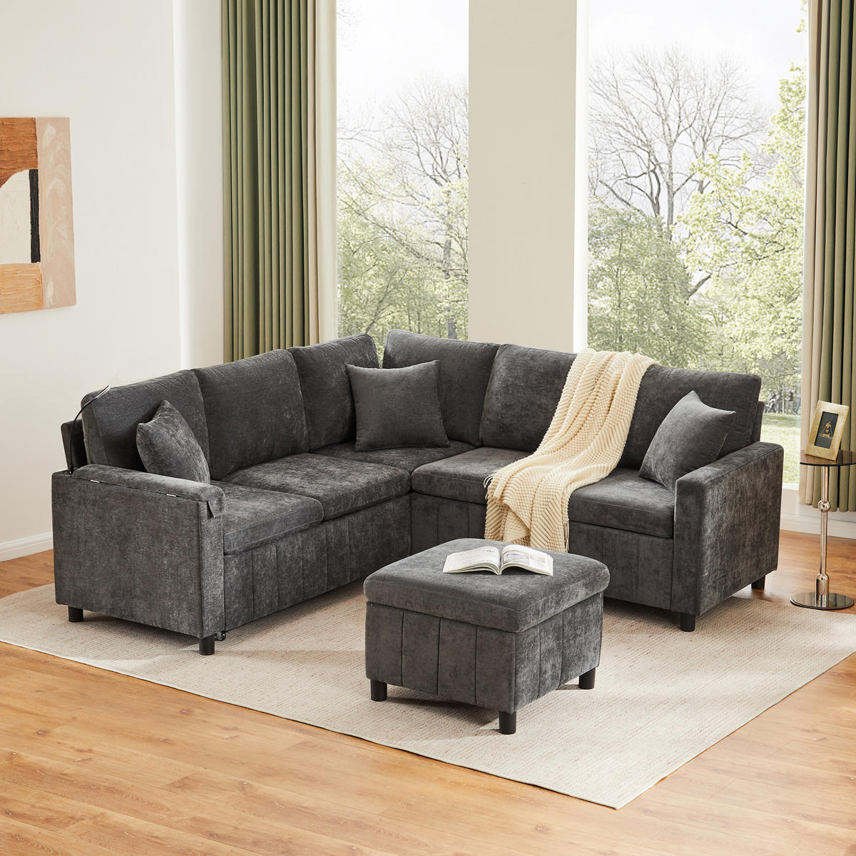SITZGARNITUR Chenille Grau mit Schlaffunktion, Hocker, USB, Type-C und Tisch - Grau, Holzwerkstoff/Kunststoff (205/85/205cm) - WISHDOR