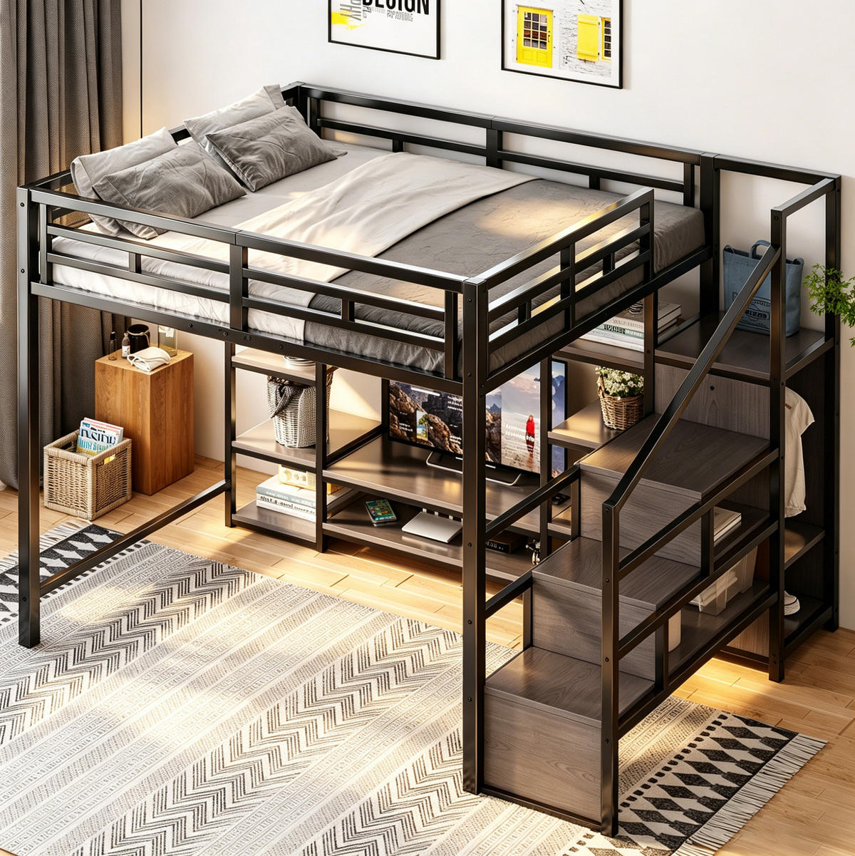 HOCHBETT mit TV-Ständer, Steckdose und Leiter, schwarz, 140/200 cm - Schwarz, Metall (140/200cm) - MIVRAY