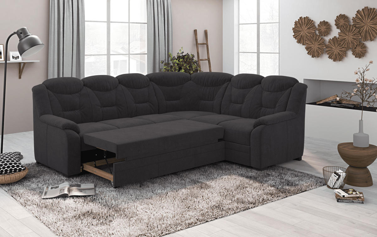 ECKSOFA mit Schlaffunktion und Bettkasten – weiches Chenille-Gewebe - Schwarz Hochglanz/Anthrazit, Holz/Kunststoff (211/263cm) - Cotta