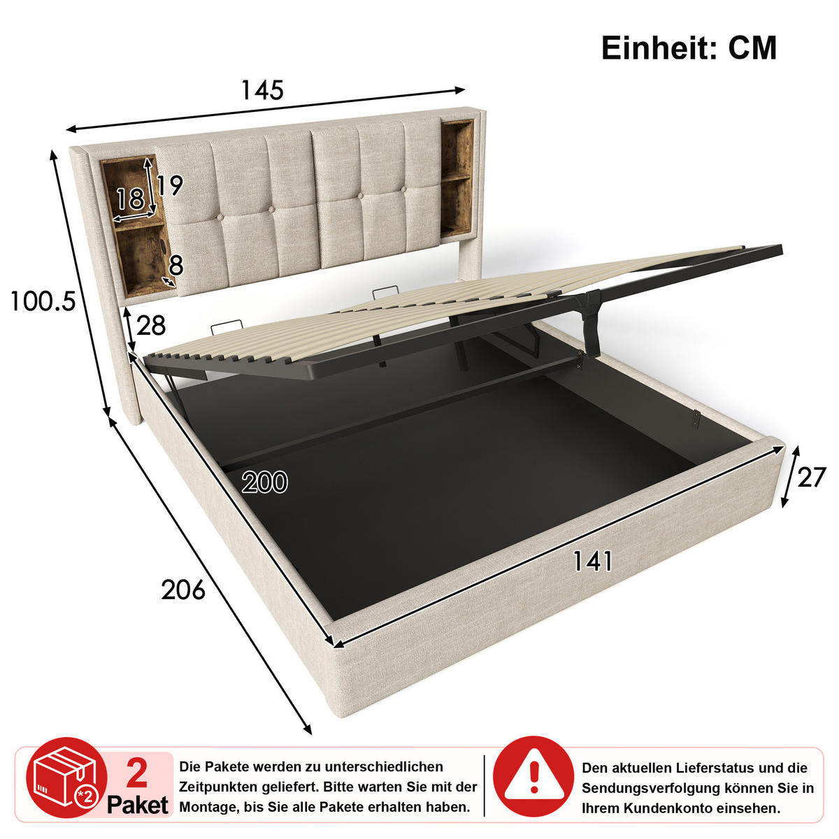 POLSTERBETT 140/200 cm in Natur Leinen mit Bettkasten, USB, Type-C und kabelloser Ladefunktion - Naturfarben, Holzwerkstoff/Textil (140/200cm) - WISHDOR