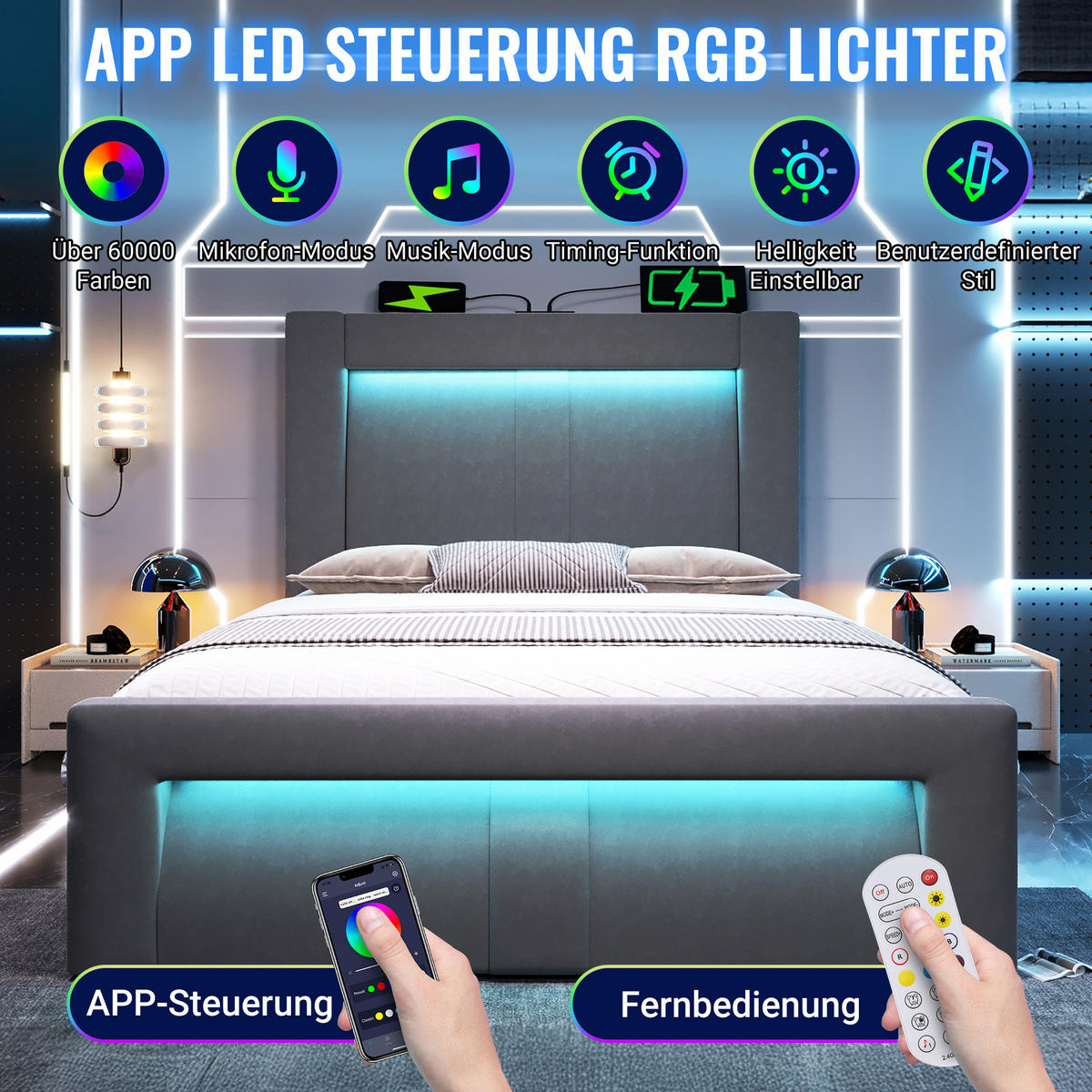 EINZELBETT 90/200 cm mit LED, USB- und Type-C-Anschluss, hydraulischem Stauraum und Samtbezug, Grau - Grau, Holz (90/200cm) - Redom