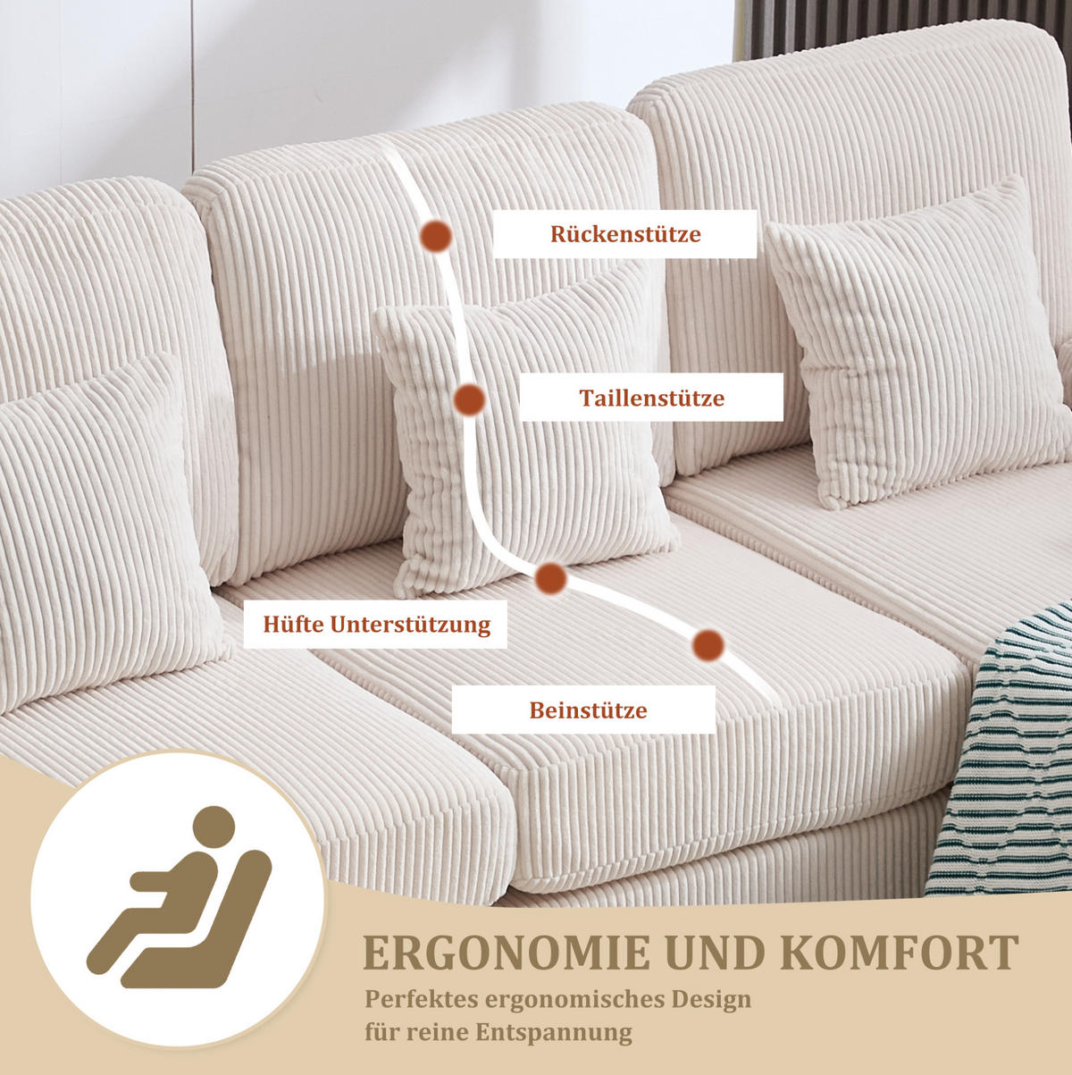 U-FORM Wohnlandschaft Samt mit LED und USB-Anschluss 265/135/88 cm Beige - Beige, Textil (135/88/265cm) - Redom