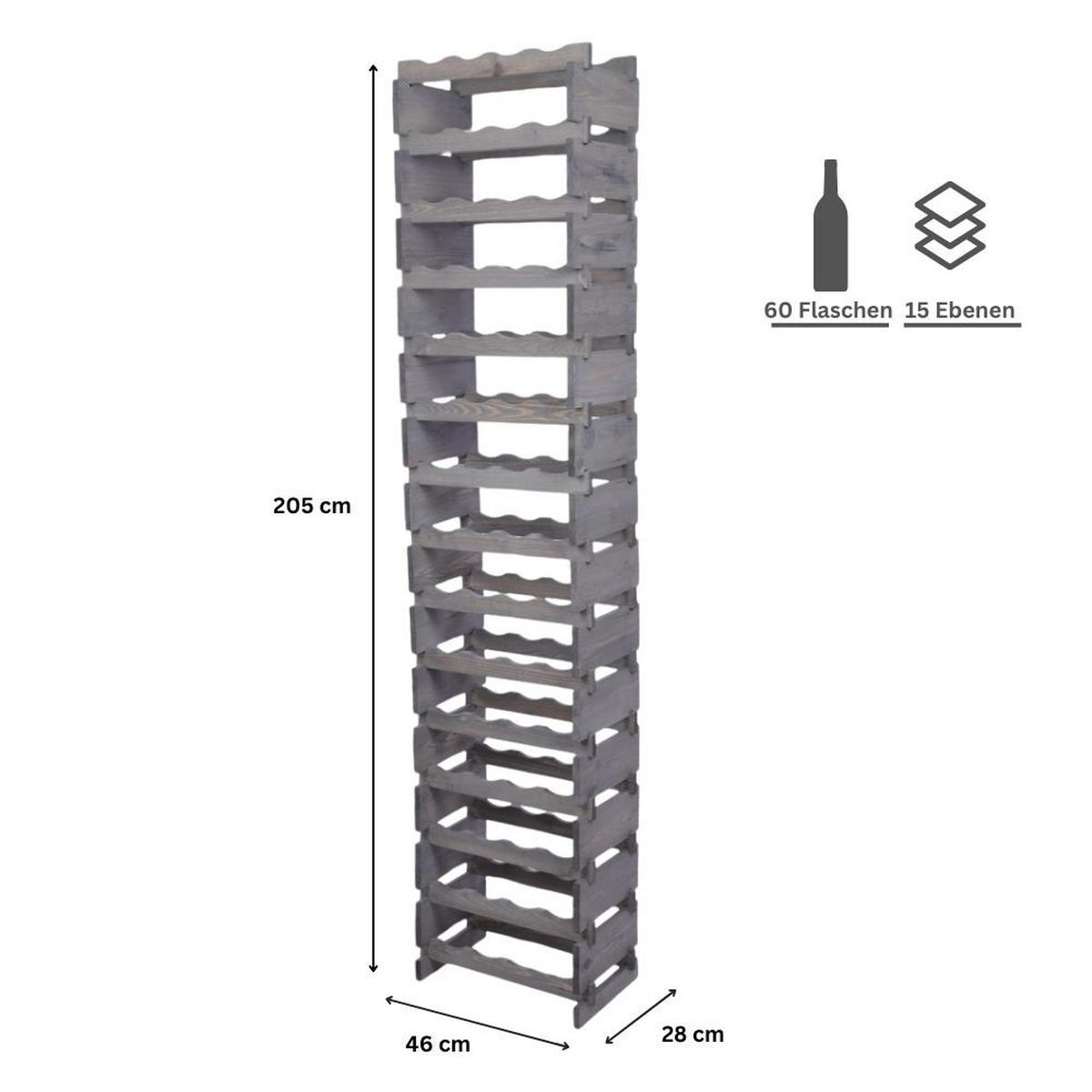 WEINREGAL VINOTECA FLEX PRO HxBxT 205x46x28cm 60 Flaschen auf 15 Ebenen Grau - Grau, Holz (46/205/28cm) - PROREGAL