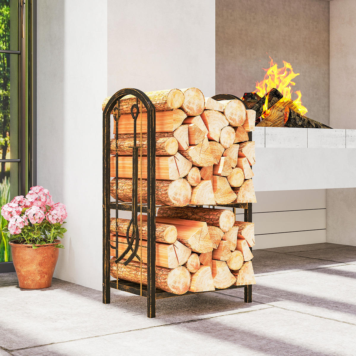 KAMINHOLZREGAL für innen 43 x 30 x 74cm 2 Ebenen Brennholzregal mit 4 Haken - Dunkelbraun, Metall (30/74/43cm) - Outsunny