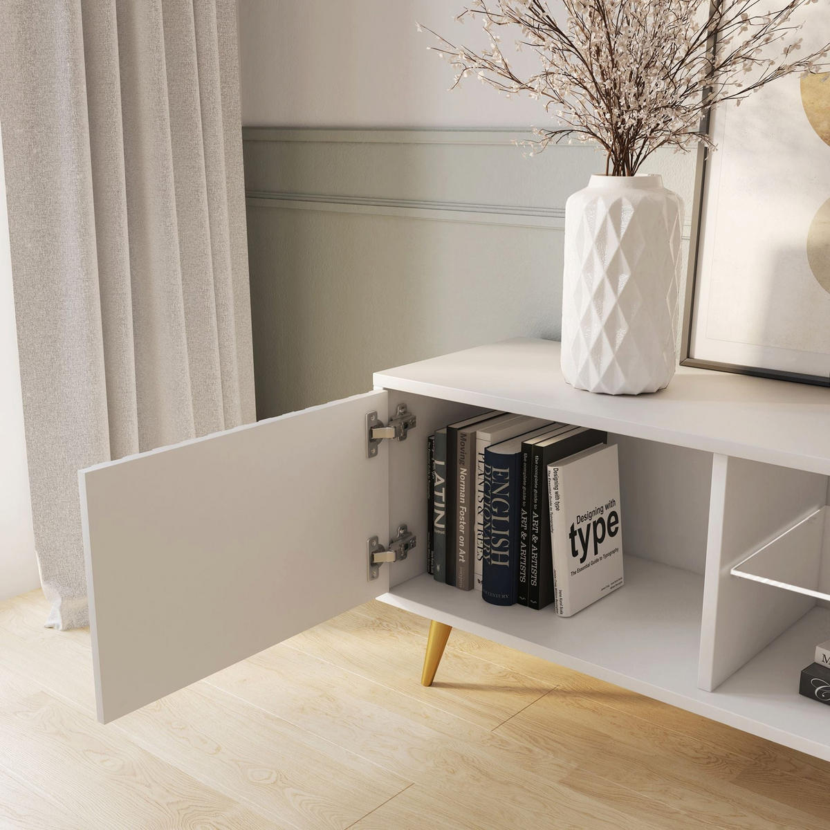 TV-ELEMENT Rikke Eiche / Grau 135/43/32 cm - Goldfarben/Weiß, Holzwerkstoff/Metall (135/43/31.6cm) - Selsey