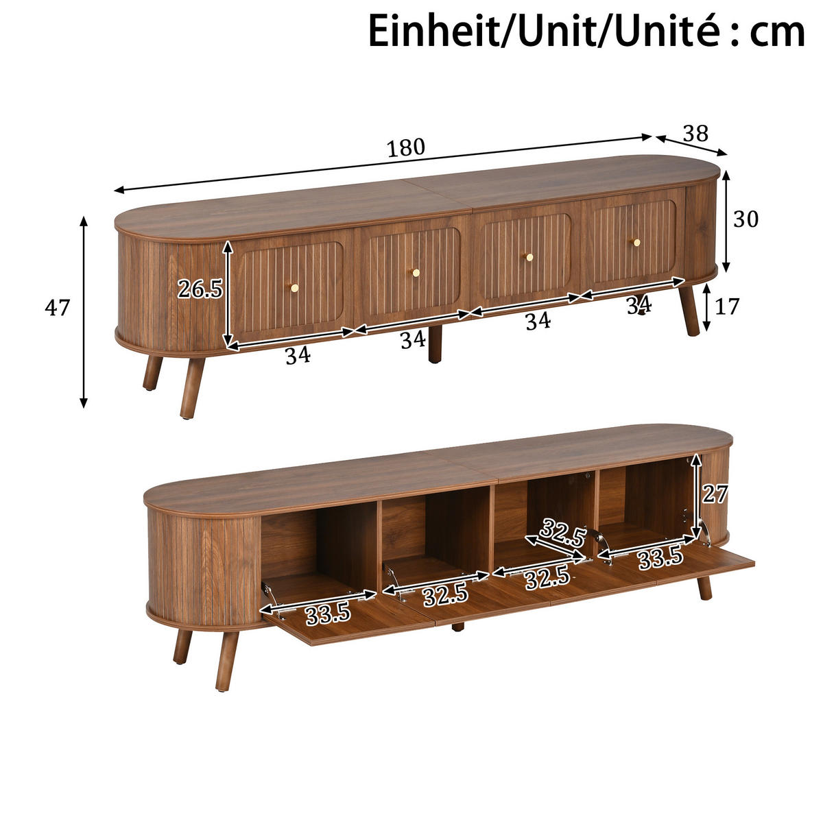 TV-SCHRANK 180/38/47 cm mit Klapptüren und Stauraum, Vintage-Design mit Holzbeinen, Nussbaum - Braun, Holzwerkstoff (180/47/38cm) - Redom
