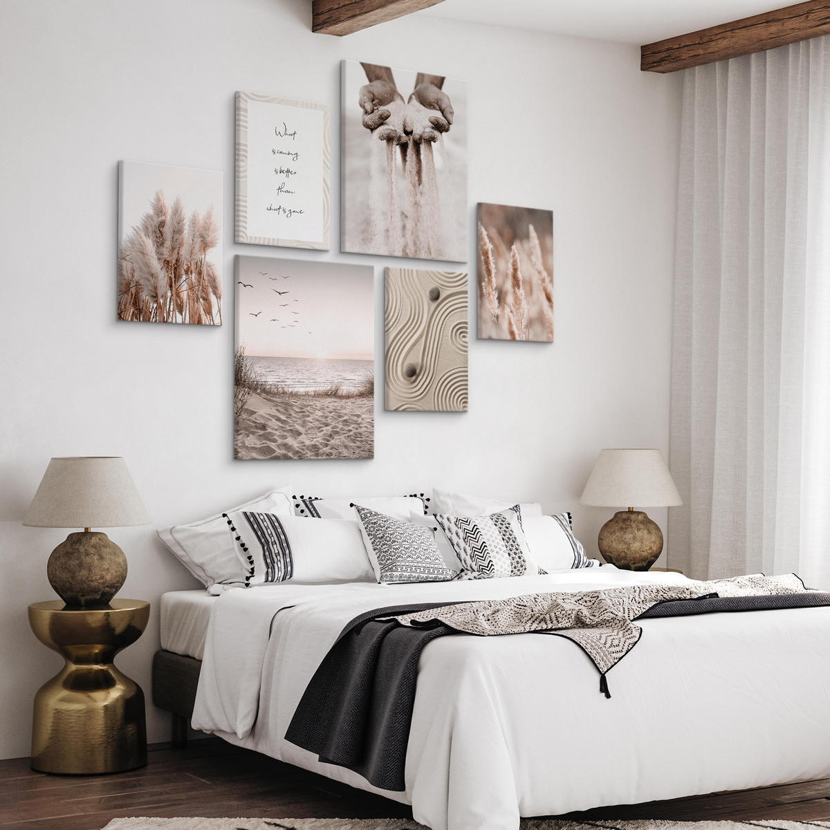 LEINWANDBILDER 6-er Set Strand Pflanzen - Beige/Schwarz, Textil (90/80cm) - Muralo
