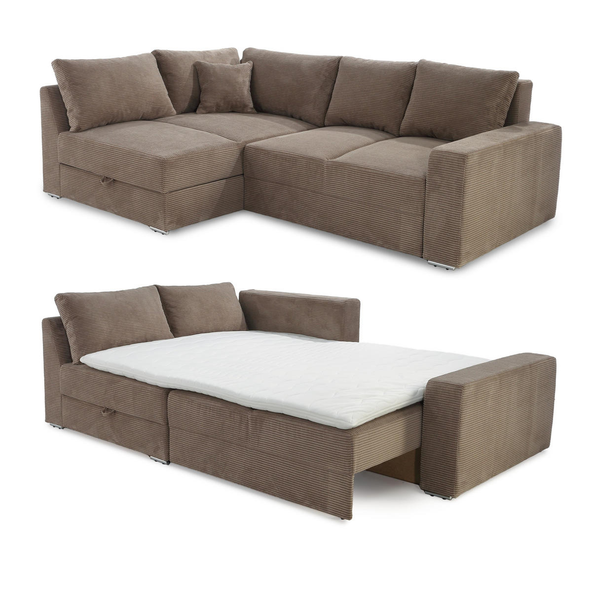 ECKSOFA-DAUERSCHLÄFER Boxspring Federkern Topper Bettkasten, seitenverkehrt montierbar B260/T181/H88 cm, Cord Braun Taupe / 15234 - Taupe/Chromfarben, Textil/Metall (260/181cm) - luma-home