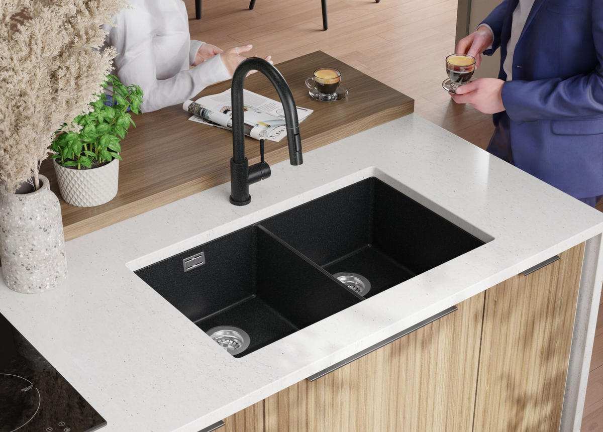 UNTERBAUSPÜLE GRANIT London Twin, 2-er set Anthrazit 76/47 cm 2 Becken + Ablauf-Set ab 80er Unterschrank - Chromfarben/Anthrazit, Kunststoff (76/20/47cm) - Primagran