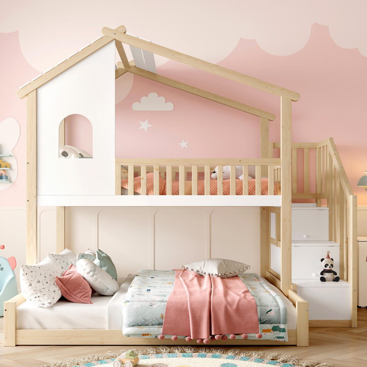 HAUSBETT 90/200 + 140/200 cm aus Kiefer mit Stauraumleiter und Hausdesign - Naturfarben, Holzwerkstoff (90/200cm) - Flora Grace