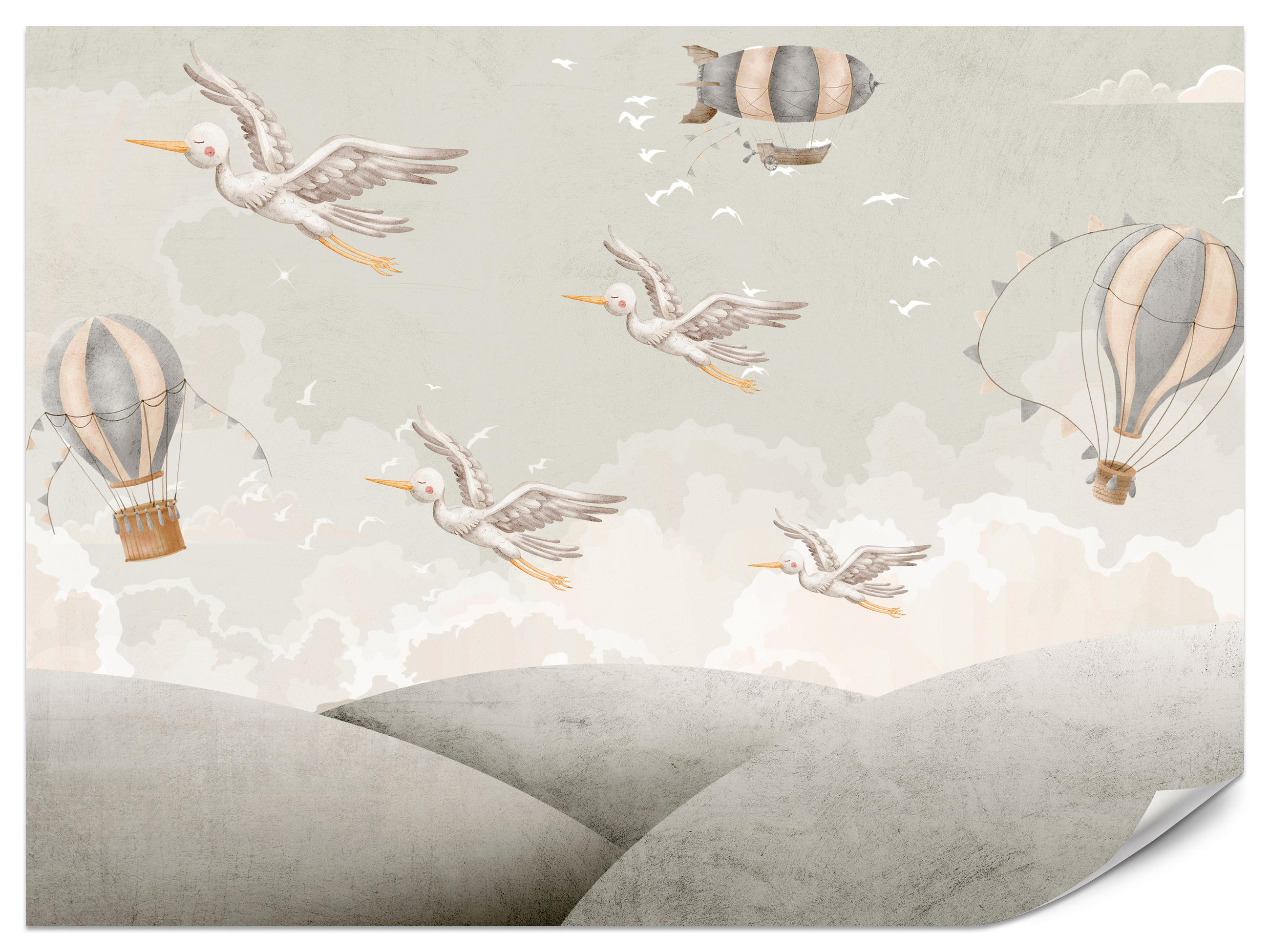 FOTOTAPETE für Kinderzimmer Boho Störche Aquarell Balon Luftschiff Himmel 450x315 - Beige/Weiß, Papier (450/315cm) - Muralo