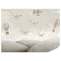 FOTOTAPETE für Kinderzimmer Boho Störche Aquarell Balon Luftschiff Himmel 450x315 - Beige/Weiß, Papier (450/315cm) - Muralo