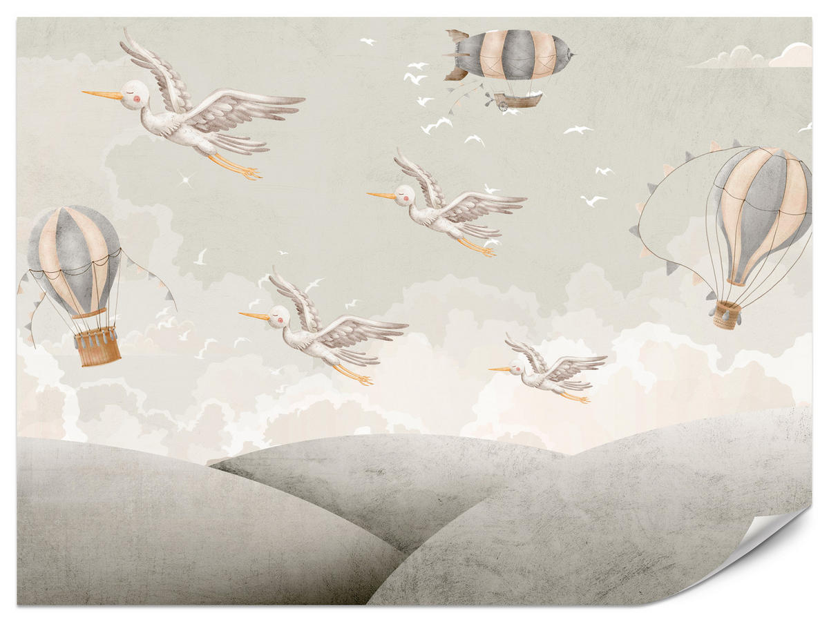 FOTOTAPETE für Kinderzimmer Boho Störche Aquarell Balon Luftschiff Himmel 450x315 - Beige/Weiß, Papier (450/315cm) - Muralo