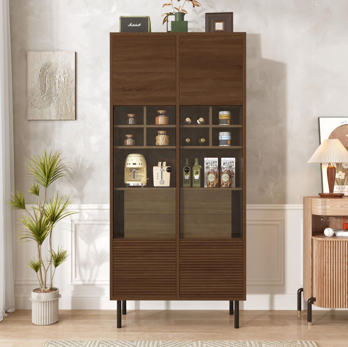 VITRINE 75.5x35x164.5cm in Holz mit Glasfront & Schubladen - Walnussfarben, Holzwerkstoff (75.5/164.5/35cm) - Modfu