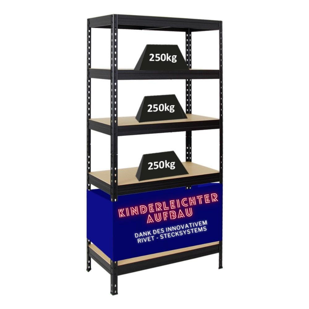 SCHWERLASTREGAL Rivet 180x90x45 cm Fachlast 250 kg Innovatives Stecksystem Schwarz - Schwarz, Metall (90/180/45cm) - PROREGAL