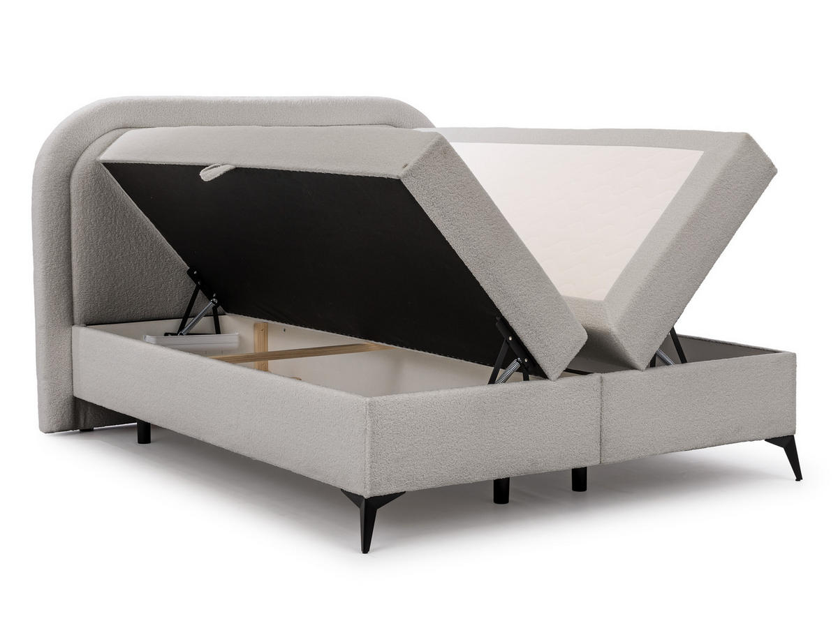 BOXBETT Sonna 160/200 cm Hellgrau Bouclé-Stoff mit abgerundetem Kopfteil und mit schwarzen Metallfüße - Hellgrau/Schwarz, Holz/Textil (160/200cm) - S-Style Möbel