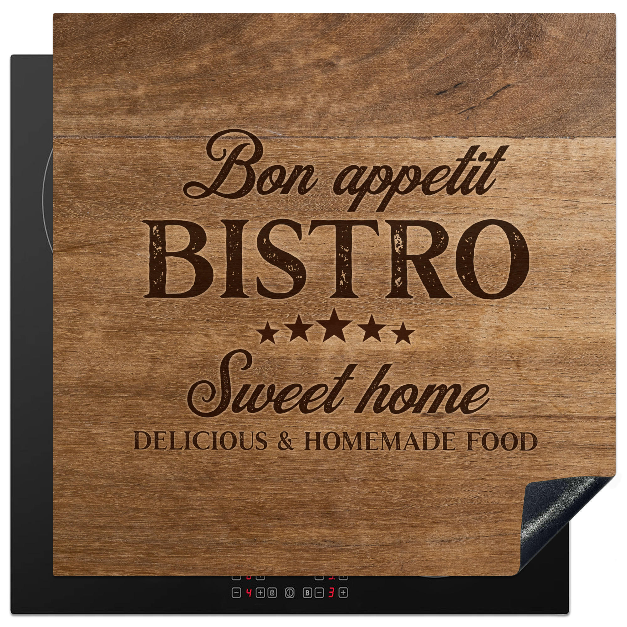 HERDABDECKPLATTE Zitat - Bistro - Guten Appetit - Süßes Zuhause - Holzmaserung 78x78 cm - Braun, Kunststoff (78/0.2/78cm) - MuchoWow