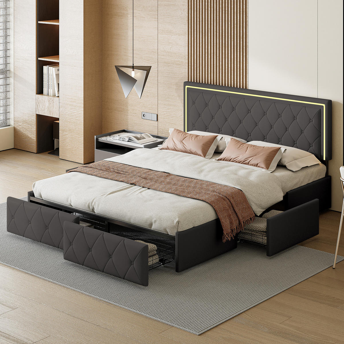 POLSTERBETT Grau 140x200 cm mit LED Kopfteil, 4 Schubladen und Bettkasten - Grau, Holzwerkstoff (140/200cm) - Novahome