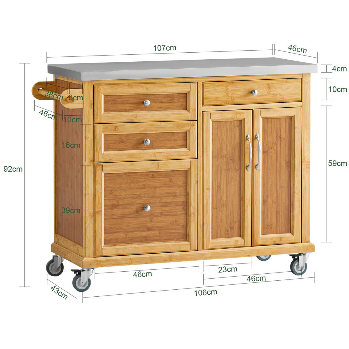 KÜCHENINSEL rollbar Bambus - Naturfarben, Holz/Holzwerkstoff (115/92/46cm) - SoBuy
