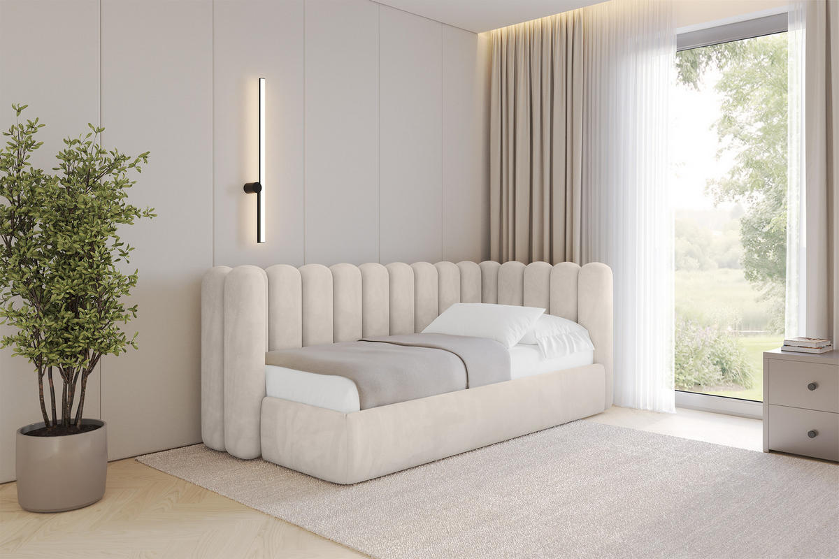 EINZELLBETT Jugendbett mit Bettkasten und Matratze H3/H4, Links - HUGY 100x200 Beige - Ecru, Holzwerkstoff/Textil (100/200cm) - ALTDECOR