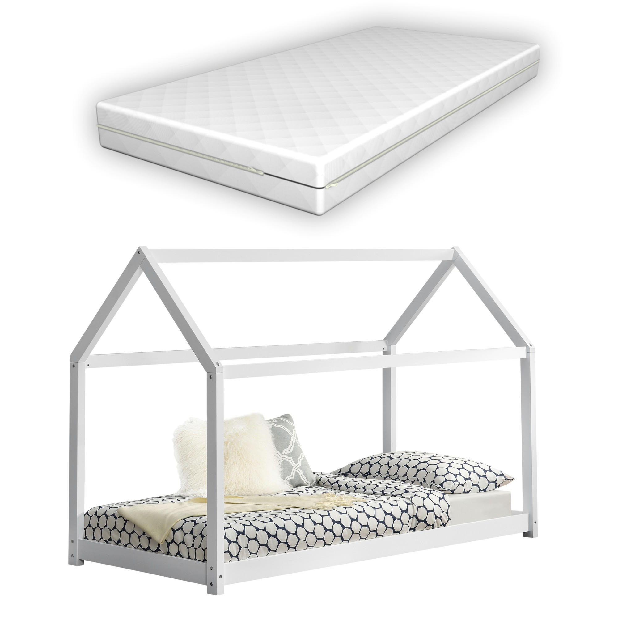HAUSBETT Netstal mit Matratze - Weiß, Holz/Textil (80/160cm) - [en.casa]
