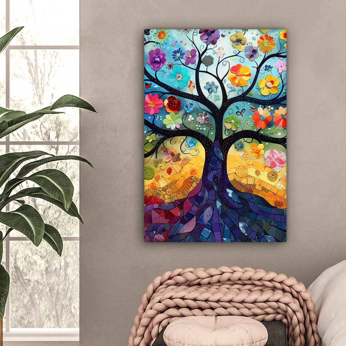 LEINWANDBILD Kunst - Baum des Lebens - Blumen - Hippie 60x90 cm - Dunkelblau, Textil (60/90cm) - MuchoWow