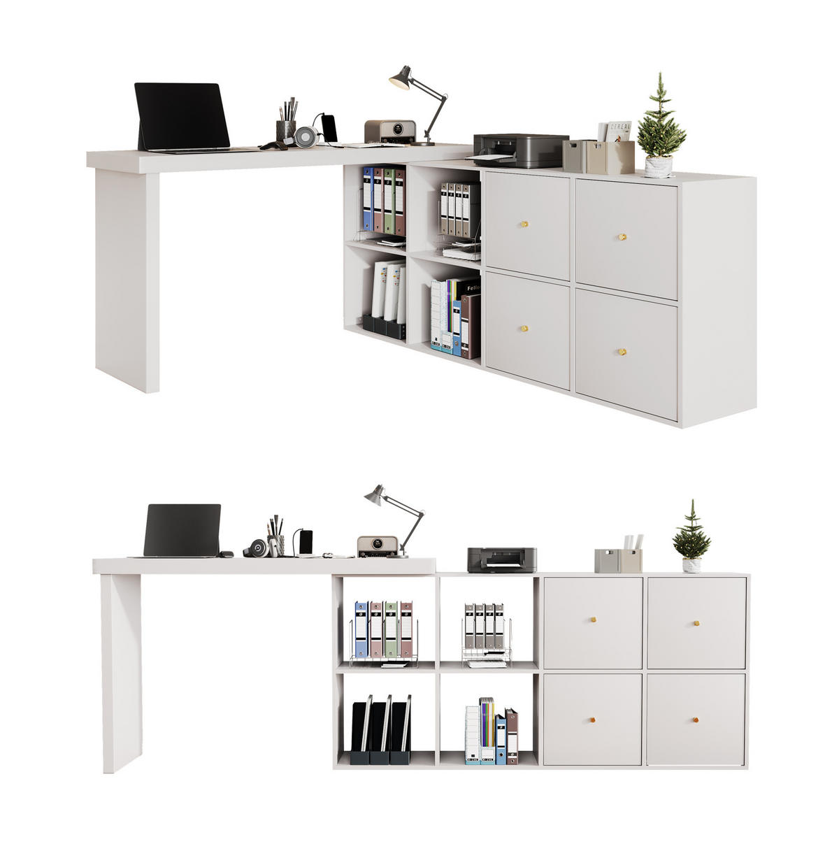 SCHREIBTISCH drehbar L-Form oder gerade MDF Weiß mit 8 Fächern - Weiß, Holz (140/120/78cm) - Meubliv