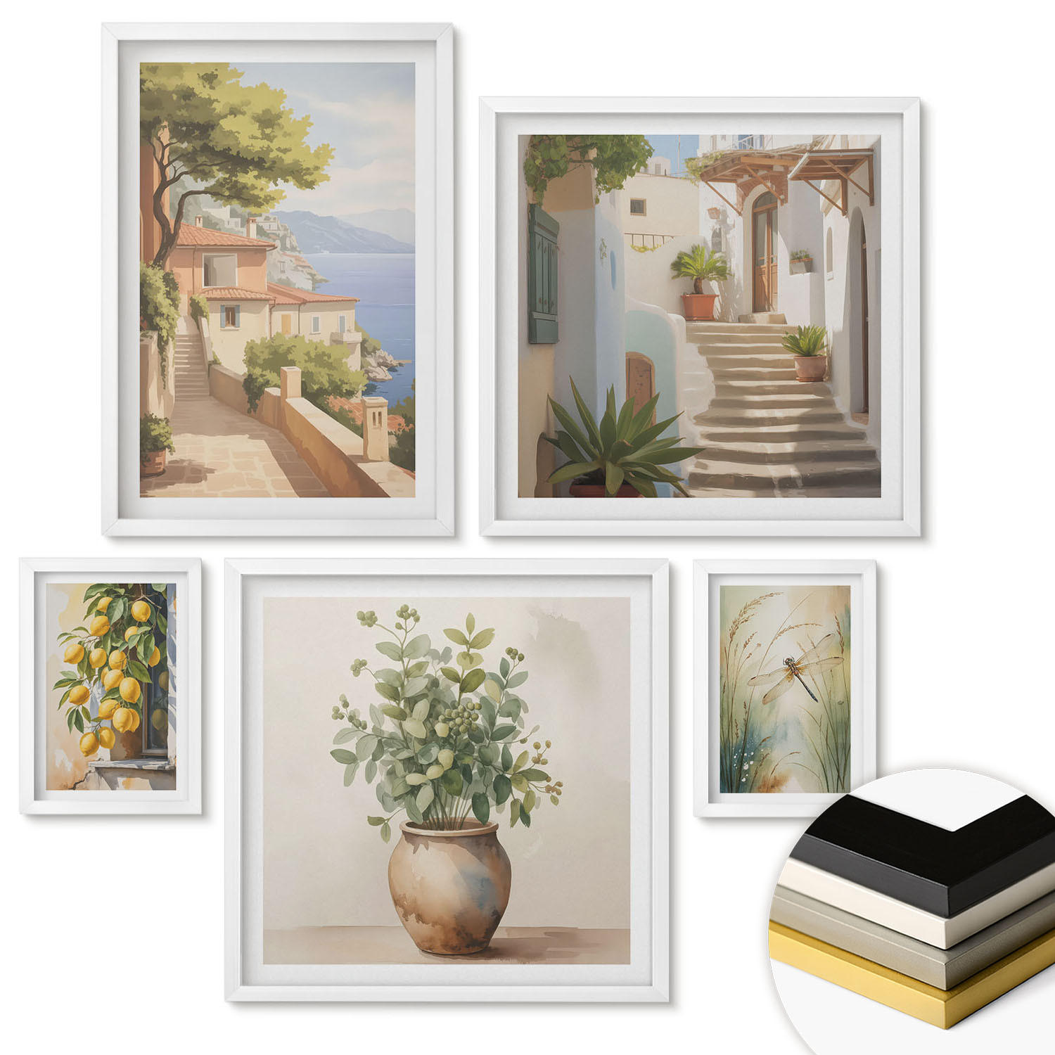 WANDBILDER 5er-Set - 50x50 cm & 20x30 cm & 40x60 cm Weißer Rahmen - Architektur der Zitronenstadt - Weiß, Kunststoff (40/60cm) - ArtPrintCave