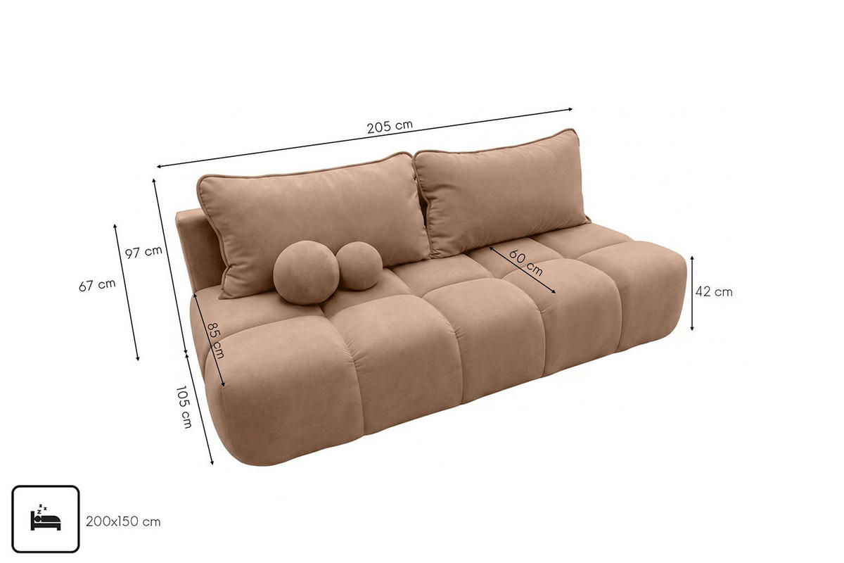 POHOVKA S funkcí spaní A úložným prostorem, sametová látka Bluvel, Latte, COCO - světle hnědá, dřevo (205/97/105cm) - Kaiser Möbel