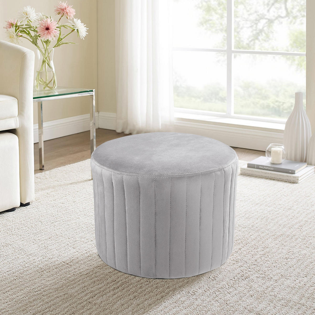 POLSTERHOCKER Rund aus Flanell Schaumstoff in Grau Ästhetisches& Langlebiges Design Leicht und mobil 40 x 40 x 30 cm - Grau, Textil (40/30/40cm) - Livingandhome