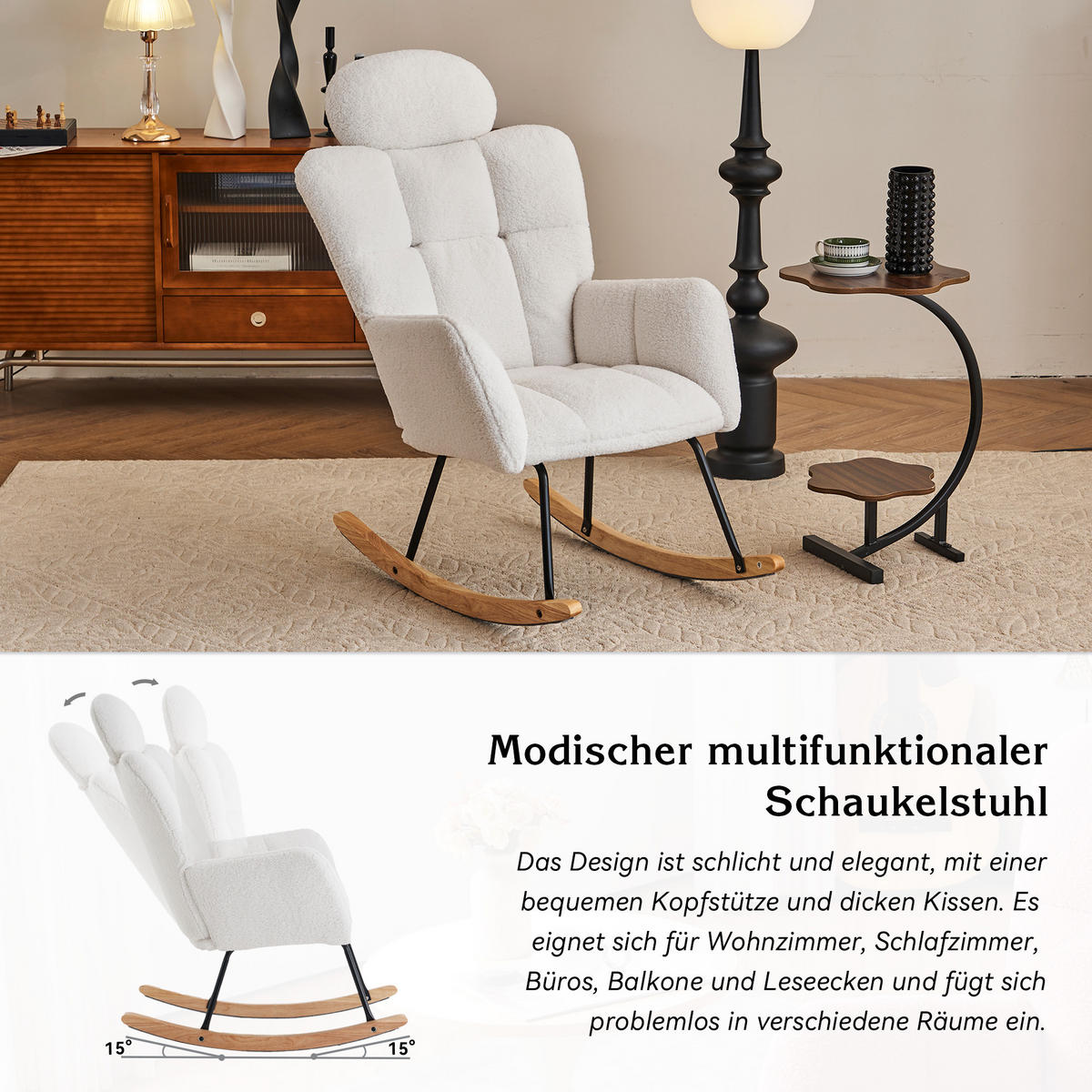 SCHAUKELSTUHL Teddy-Stoff mit Kopfpolster und Filzgleitern 102/70/107 cm Weiß - Weiß, Textil (70/107/102cm) - Redom