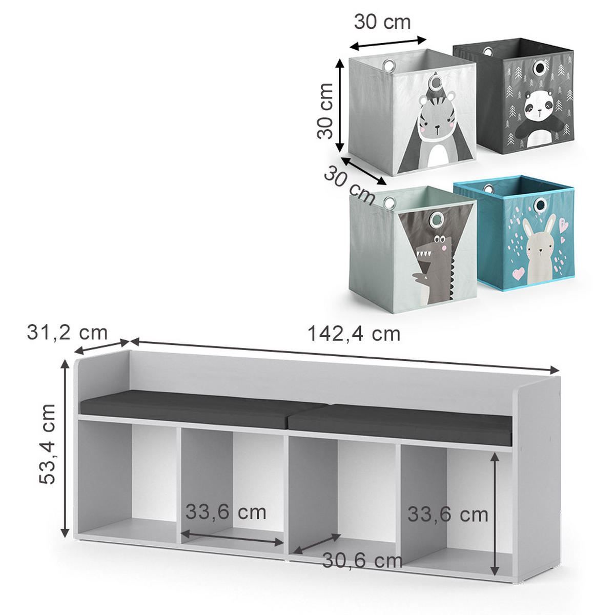 KINDERSITZBANK Luigi Weiß 107.2 x 88.6 cm 4 Fächer, mit Faltboxen grau - Weiß, Holzwerkstoff (107.2/88.6/30.9cm) - Vicco