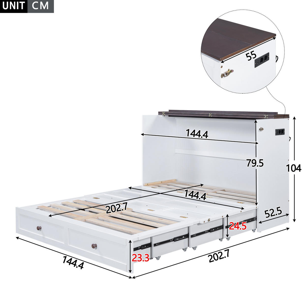 BETT mit Kopfteil 140/200 cm in Weiß – mit Stauraum und USB-Anschluss - Weiß, Holz (140/200cm) - BEAOK
