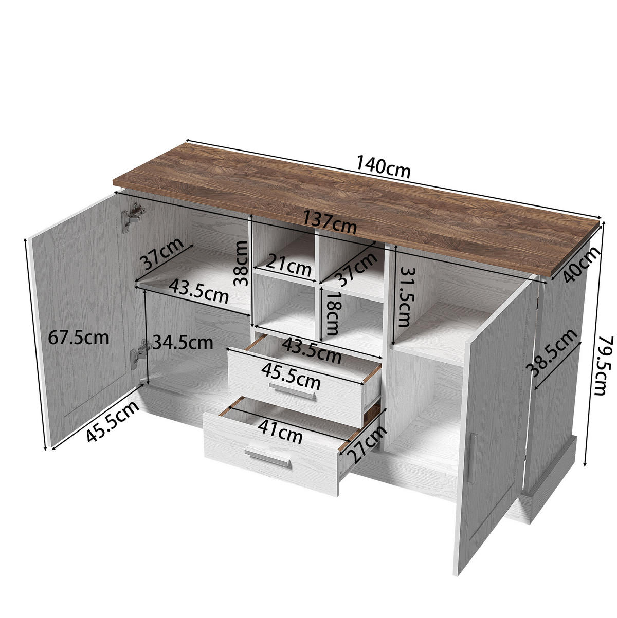 SIDEBOARD 140/40/79,5 cm aus Spanplatte mit Sanftschluss-Scharnieren Weiß/Braun - Braun, Holzwerkstoff (140/79.5/40cm) - Modenvie
