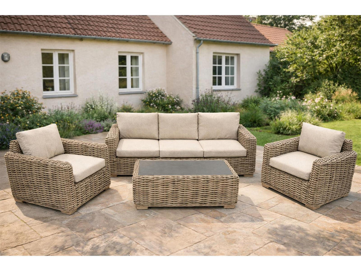 LOUNGE-SET Trinidad Beige 5-Sitzer Polyrattan Sinterstein-Tisch höhenverstellbare Füße - Beige, Naturmaterialien - Green Spirit