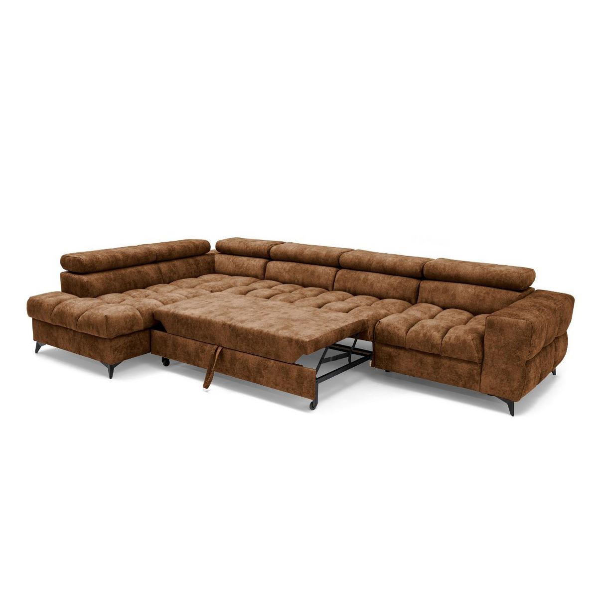 ECKSOFA PUDDING MAXI L Links mit Schlaffunktion 125x195 Velours Hellbraun - Hellbraun/Schwarz, Holz/Textil (350/203cm) - Muffo