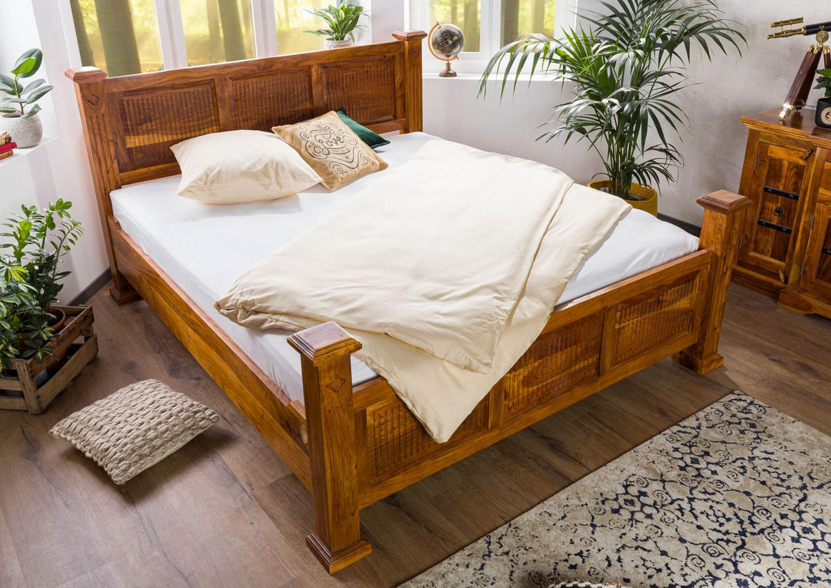 BETT Massivholz Akazie 200 x 200 x 114 hellbraun OXFORD #0133 - Braun, Holz (200/200cm) - Massivmoebel24