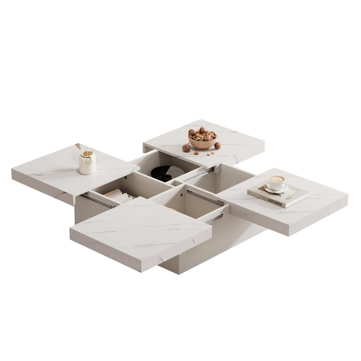 COUCHTISCH 90 / 90 / 25 cm weiß mit Marmor-Optik und 4 Schubladen - Weiß, Holzwerkstoff (90/90/25cm) - OKWISH