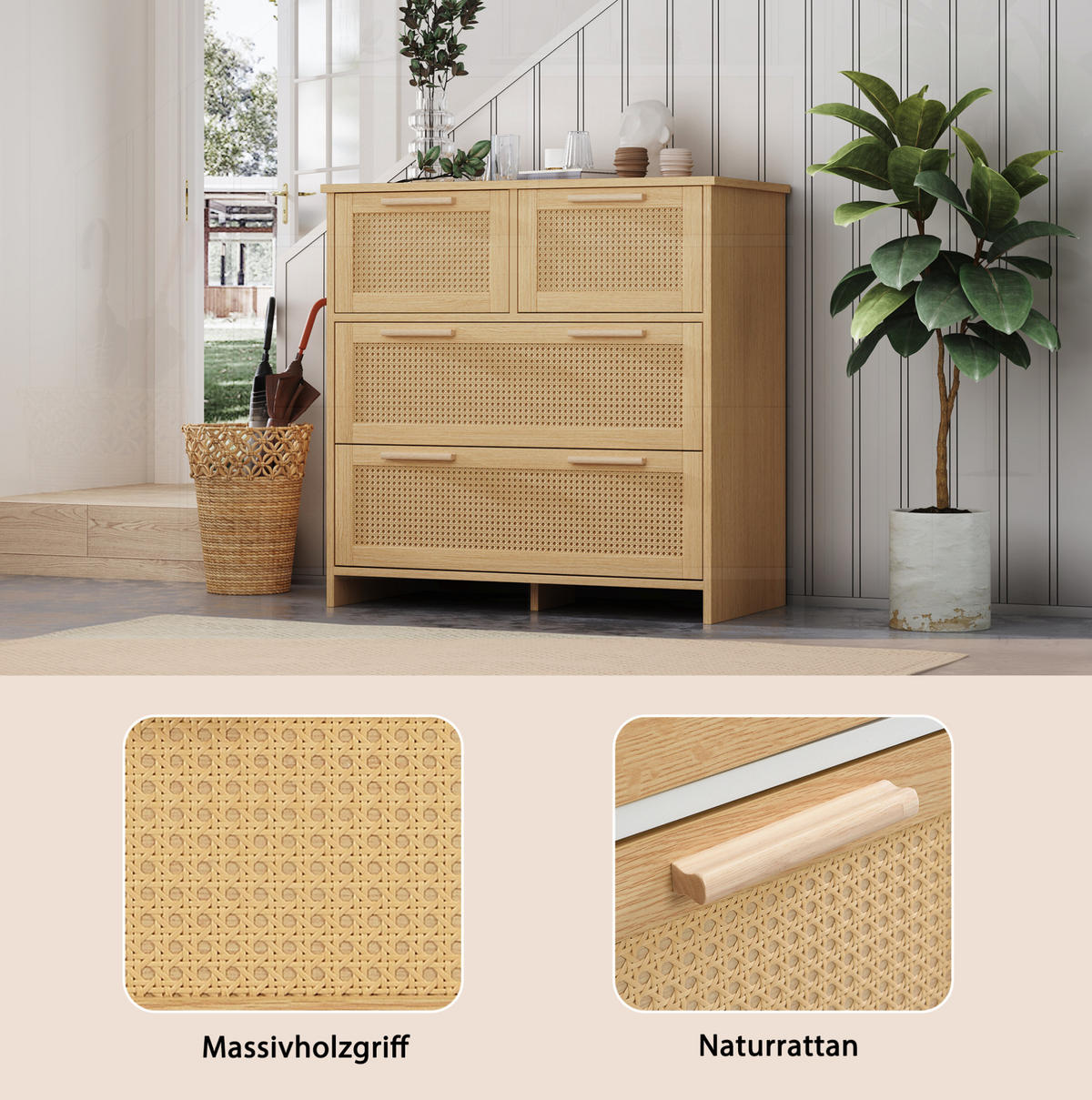 KOMODA z MDF a masivního dřeva 80x80x38 cm přírodní se 4 zásuvkami, ratanovým čelem a ochranou proti převrácení - přírodní, kompozitní dřevo (38/80/80cm) - Modfu