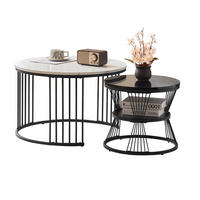 COUCHTISCH Set rund mit Hochglanz-Tischplatte marmoriert 70/70 cm und 45/45 cm schwarz - Schwarz, Holzwerkstoff (70/70/45.5cm) - OKWISH