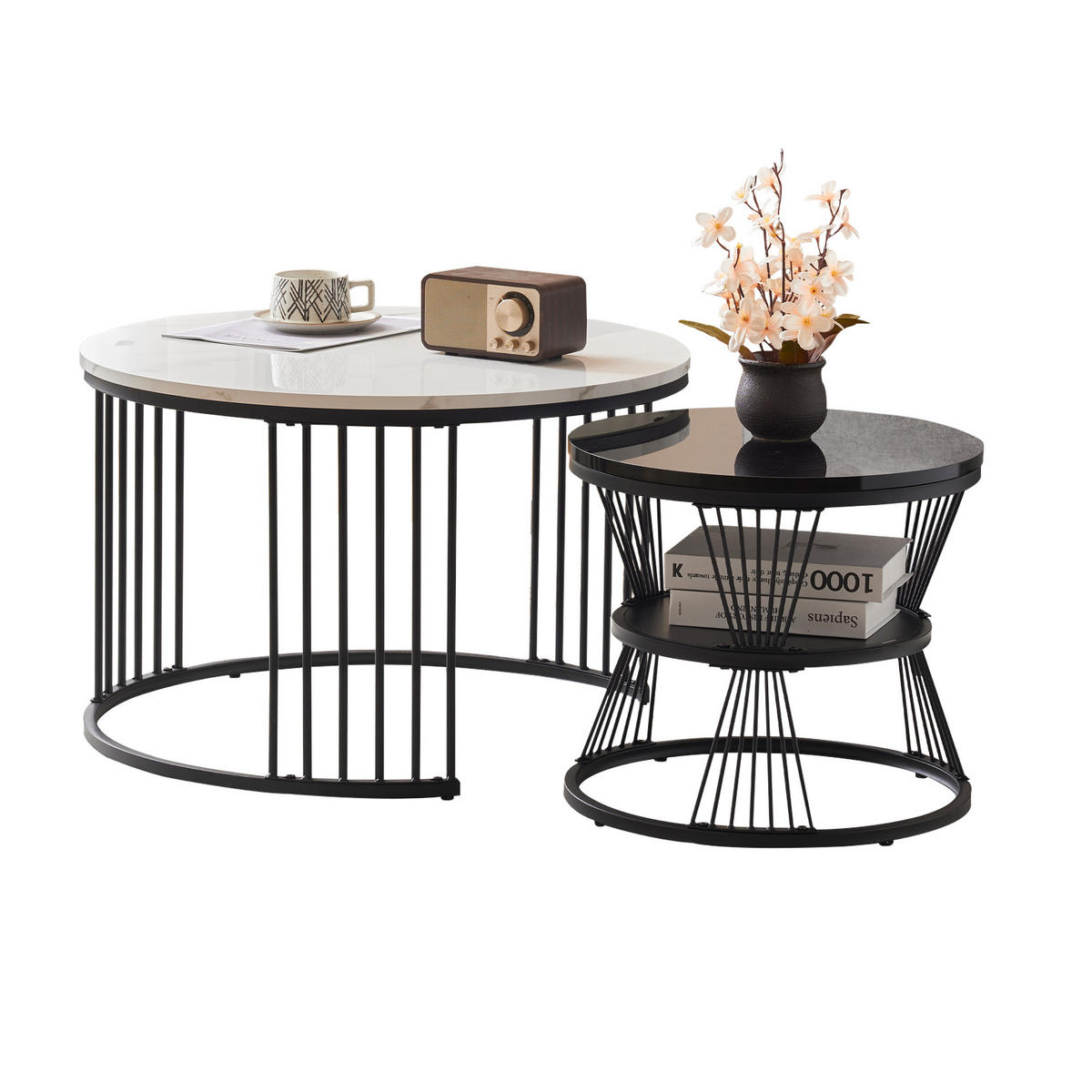 COUCHTISCH Set rund mit Hochglanz-Tischplatte marmoriert 70/70 cm und 45/45 cm schwarz - Schwarz, Holzwerkstoff (70/70/45.5cm) - OKWISH