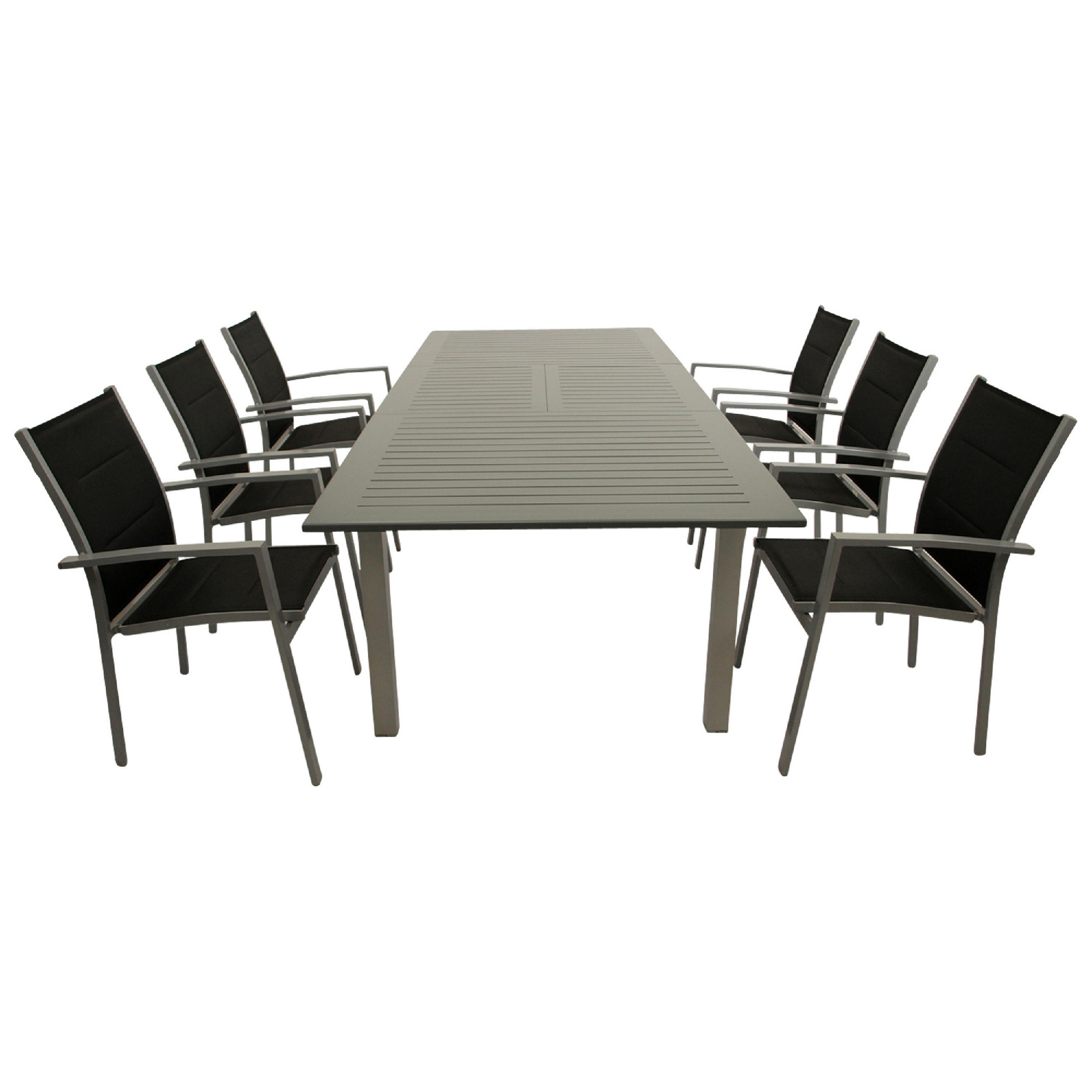 GARTEN-GARNITUR Ashford - 7-teilige Garten-Essgruppe (6x Stapelsessel mit Aluminiumgestell, Bespannung Textillehne schwarz, Ausziehtisch - Schwarz, Metall - TPFGarden