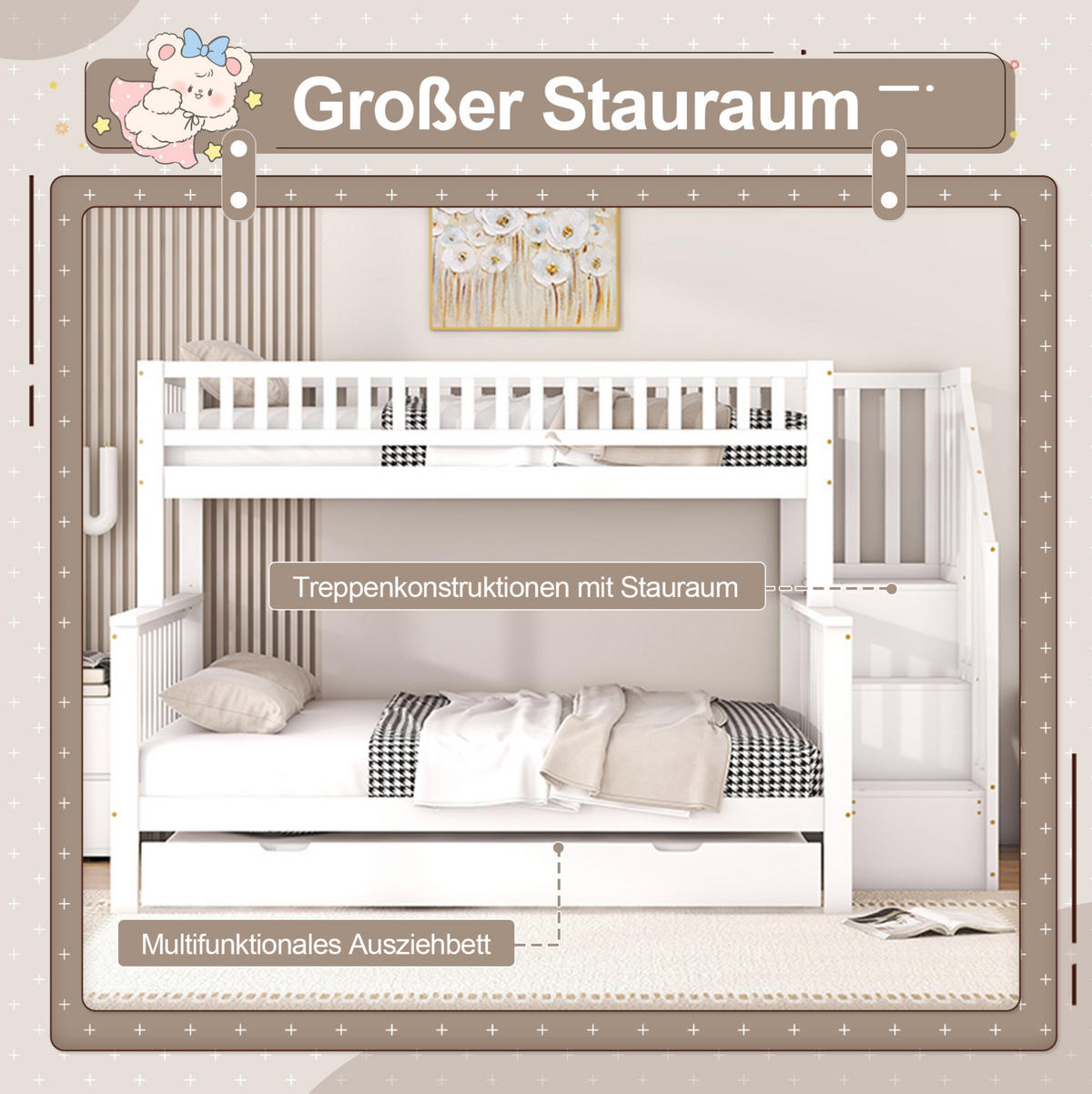ETAGENBETT 90/200 & 140/200 cm in Weiß aus Kiefer mit Stauraum und Ausziehbett - Weiß, Holz (90/200cm) - OKMYHOME